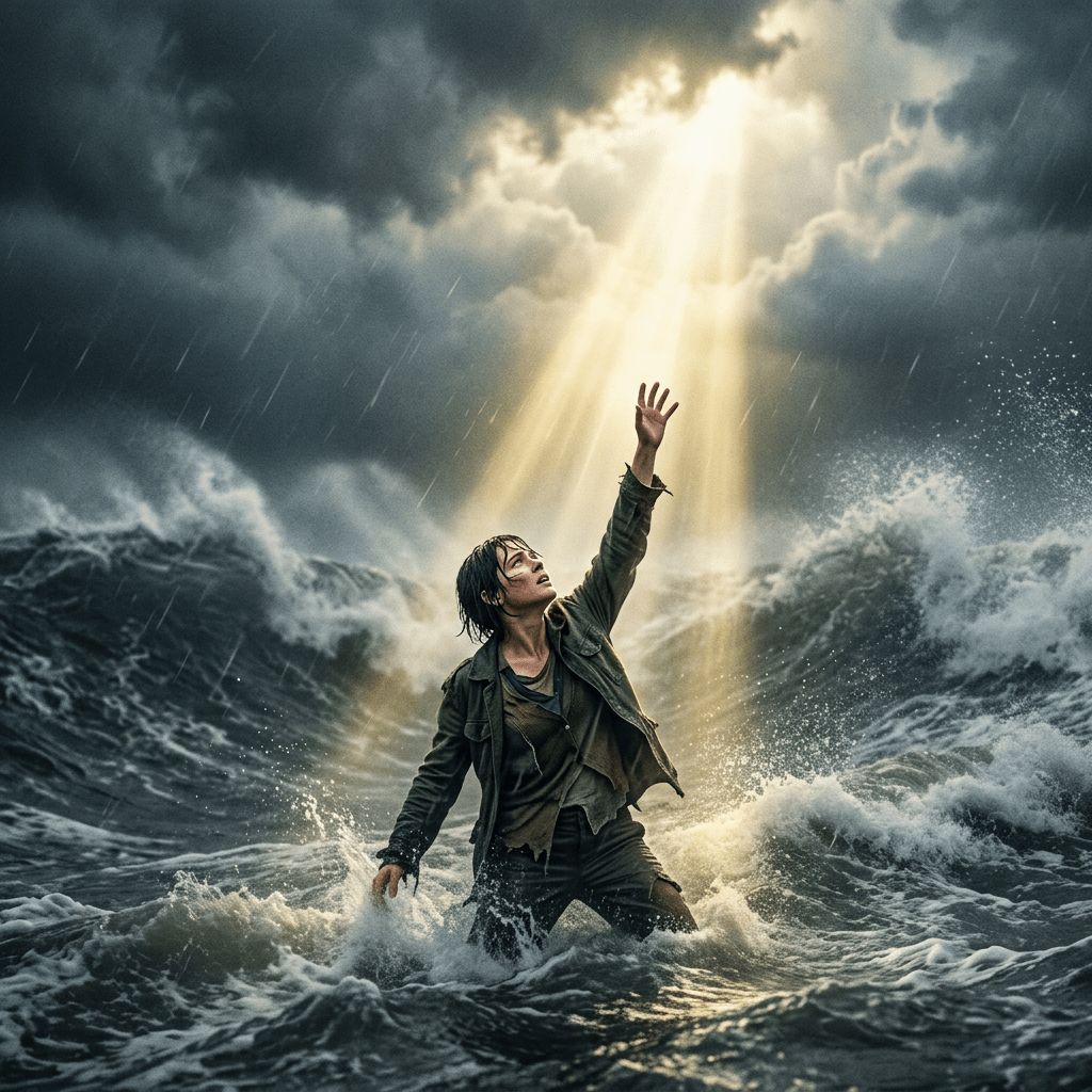 A person standing in turbulent ocean waves reaching upward toward light from stormy sky